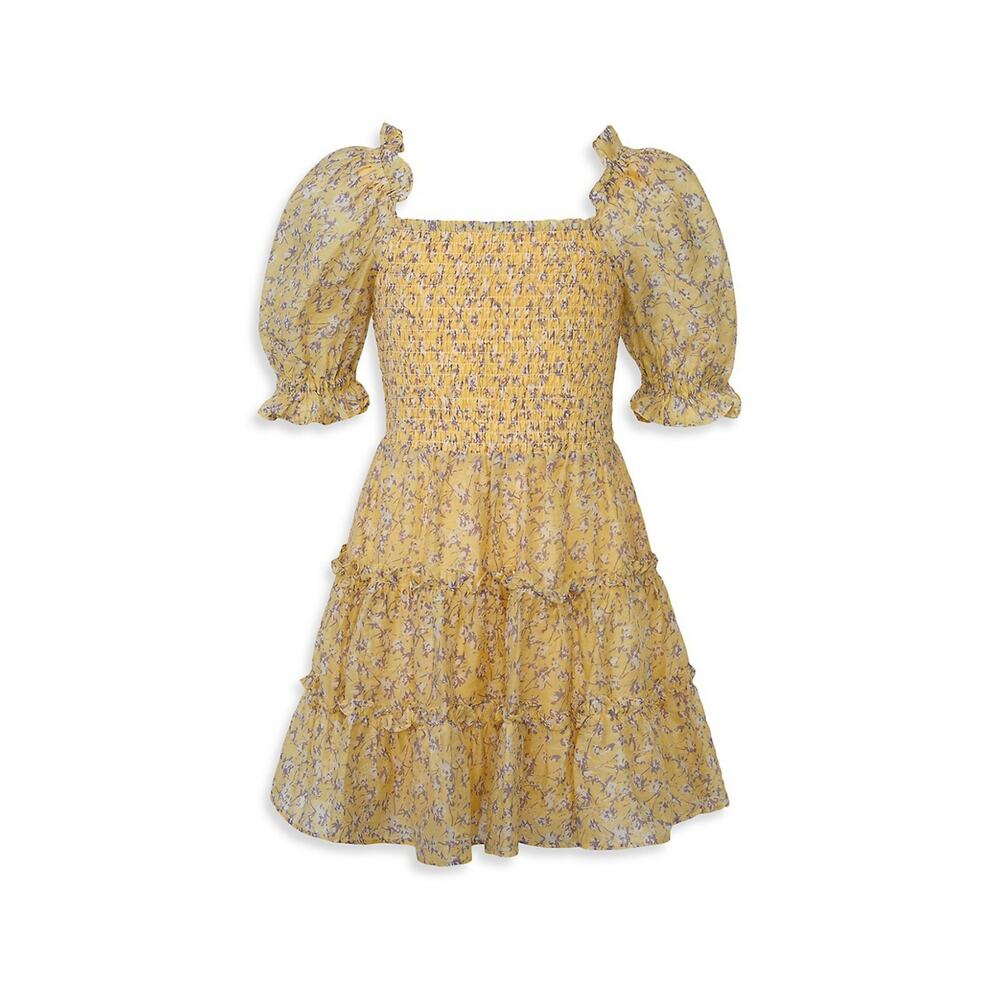 Bardot Junior 'Tiered' Yellow Square Neck Three Quarter Sleeve Floral Dress